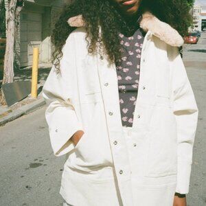 Ganni Ridgewood Faux Fur-trimmed Cotton-blend Corduroy Jacket in off-white.